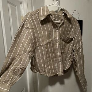 Banana Republic Tan and White Striped button down Shirt
